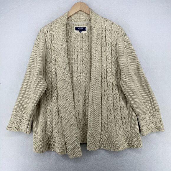 MAINE NEW ENGLAND Cardigan Womens 18US Fisherman Cable Shawl Open Front Beige - Picture 1 of 14